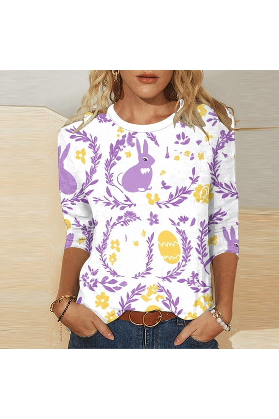 Easter Shirts for Women Happy Bunny Print Tshirt Funny Rabbit Carrot Graphic Tee Top