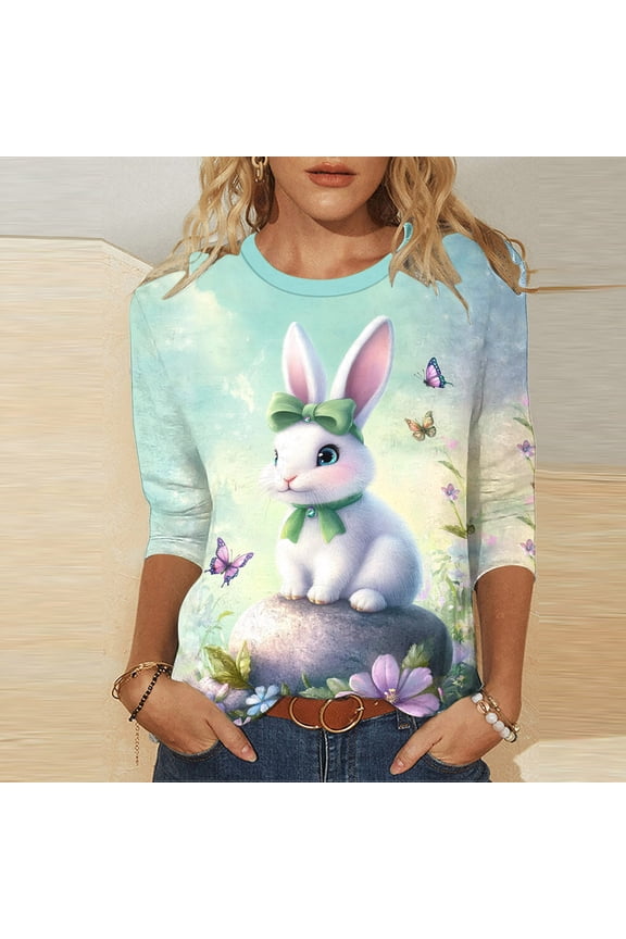 Easter Shirts for Women Happy Bunny Print Tshirt Funny Rabbit Carrot Graphic Tee Top