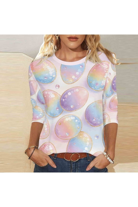 Easter Shirts for Women - Happy Easter 3/4 Sleeve Shirts Easter Bunny Graphic Tee Casual Easter Gift Tops
