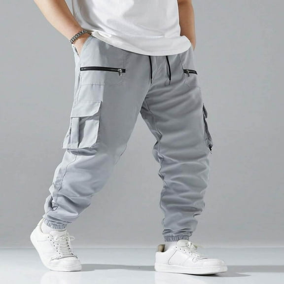 Royisotas Elastic Waist Pants for Men Cargo Winter Jogger Gray with Pockets Mens Pants