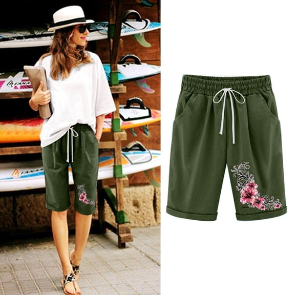 Royisotas Elastic Waist Women's Shorts Drawstring Casual Summer Bermuda Shorts Print Pocket Women's Plus Size Shorts