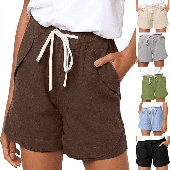 Royisotas Elastic Waist Womens Shorts Casual Summer Drawstring Chino Shorts Pocket Loose Solid Color Plus Size Womens Shorts