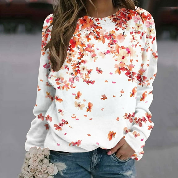 Royisotas Fall Plus Size Sweatshirts for Women Long Sleeve Floral Graphic Pullover Casual Loose Fit Crew Neck Trendy No Hood Blouse