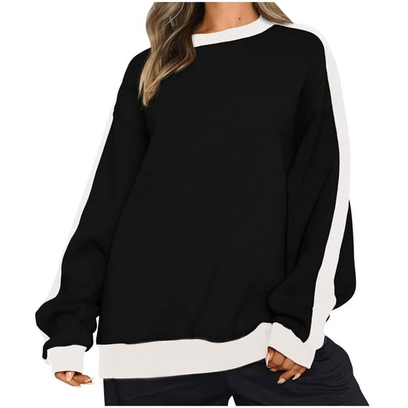 Royisotas Fall Plus Size Sweatshirts for Women Plus Size Tunic Long Sleeve Color Block Pullover Casual Crew Neck Black Side Slits No Hood Blouse