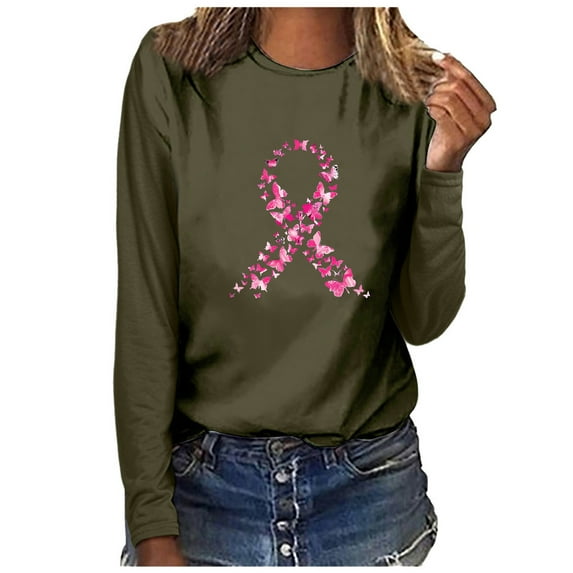 Royisotas Fall Plus Size Tops for Women Long Sleeve Breast Cancer Awareness Day Casual Army Green Shirts Crew Neck Loose Fit Womens T Shirts