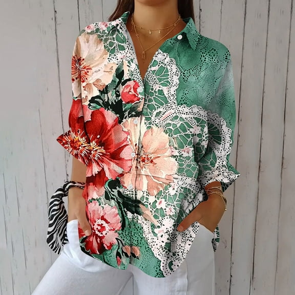 Royisotas Fall Tops for Women Casual Floral Graphic Collared Long Sleeve Women's Button Down Shirts and Blouses Soft Tunic Green Button up Shirts