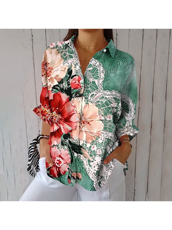 Fall and Winter Plus Size Tops for Women Collared Long Sleeve Floral Graphic Casual Button Down Shirts for Women Soft Tunic Button up Shirts