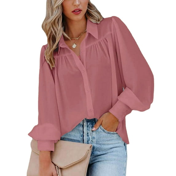 Royisotas Fall and Winter Tops Women Casual Long Sleeve Lantern Sleeve Fitted Womens Button Down Blouses Plus Size Silk Collared Pink Button up Shirts
