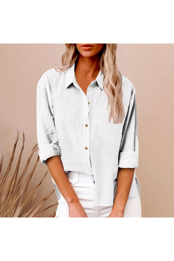 Fall Women Plus Size Tops Cotton Linen Casual Tunic Long Sleeve Plus Size Button Down Shirts for Women Collared White Solid Button up Shirts