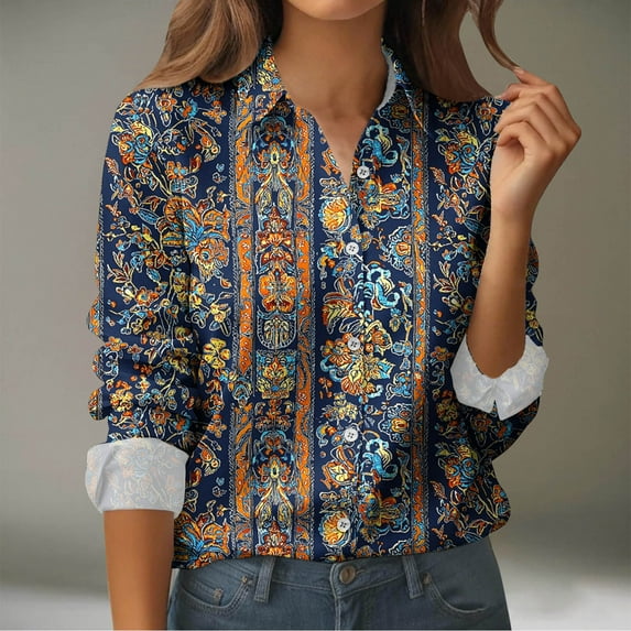 Royisotas Fall Women's Tops Vintage Long Sleeve Casual Women's Button Down Shirts Collared Blue Graphic Fitted Button up Shirts