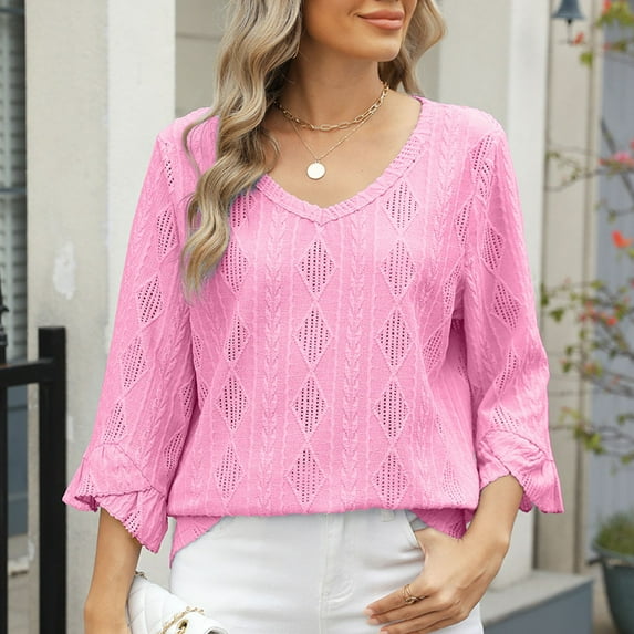 Royisotas Fall Womens Plus Size Tops Solid Color Pink 3/4 Sleeve Casual Blouses for Women Plus Size Flare Sleeve V-Neck Hollow Loose Fit T-Shirt