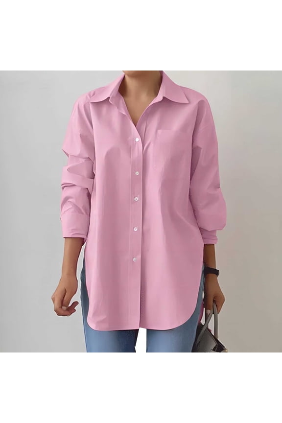 Fall Womens Tops Casual Side Slit Long Sleeve Womens Button Down Shirt Pocket Solid Color Collared Pink Button up Shirts