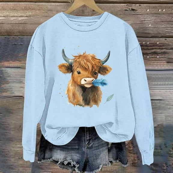 Royisotas Fall and Winter Sweatshirts for Women Cow Graphic Long Sleeve Pullover Crew Neck Loose Fit Soft Casual No Hood Shirts