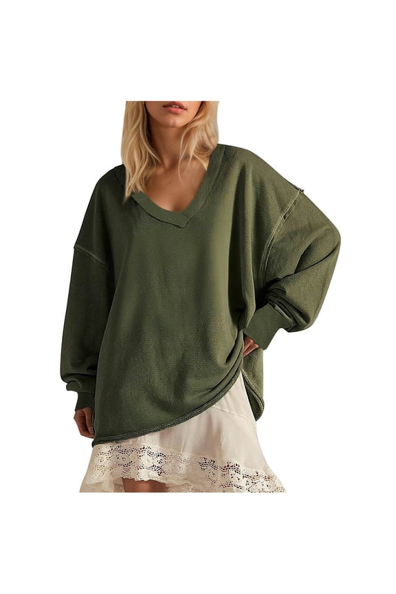 Fall and Winter Sweatshirts for Women Plus Size Solid Long Sleeve Plus Size Pullover Tunic V-Neck Casual Hoodless Shirts