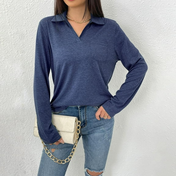 Royisotas Fall and Winter Tops for Women Plus Size Solid Color Navy Casual Long Sleeve Women’s Blouses Loose Fit Collared T-Shirts