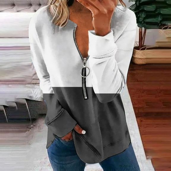 Royisotas Fall and Winter Women's Sweatshirts Color Block Tunic Long Sleeve Pullover White Casual Crewneck Half Zip No Hood Tops