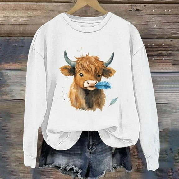 Royisotas Fall and Winter Women's Sweatshirts Cow Graphic Long Sleeve Pullover Soft Casual Crew Neck Loose Fit No Hood Shirts