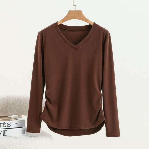 Royisotas Fall and Winter Womens Plus Size Tops Cotton Long Sleeve Coffee Casual Women Shirts Solid Color V-Neck Base Loose Fit Womens Tshirts