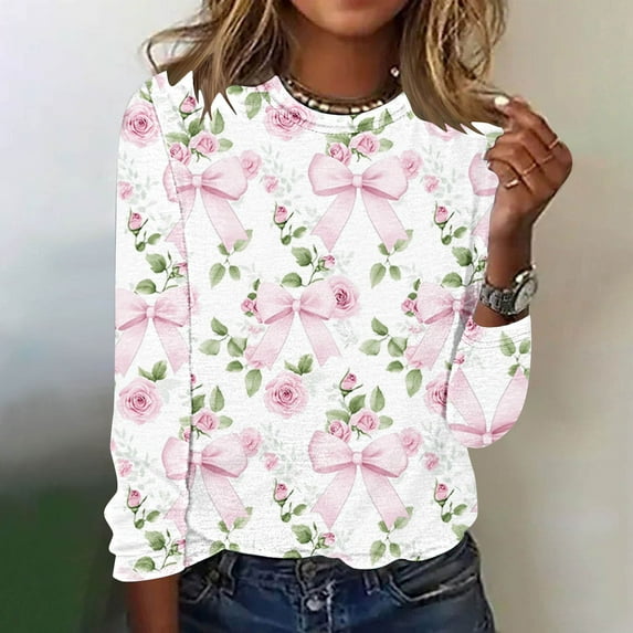 Royisotas Fall and Winter Womens Plus Size Tops Long Sleeve Pink Floral Graphic Casual Shirts Loose Fit Crew Neck Tshirts Shirts