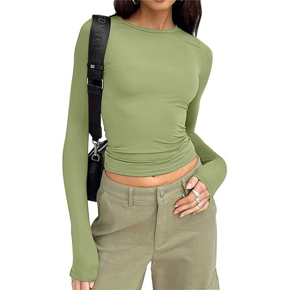Royisotas Fall and Winter Womens Plus Tops Long Sleeve Cropped Casual Green Shirts Plain Crew Neck Slim Womens T Shirts