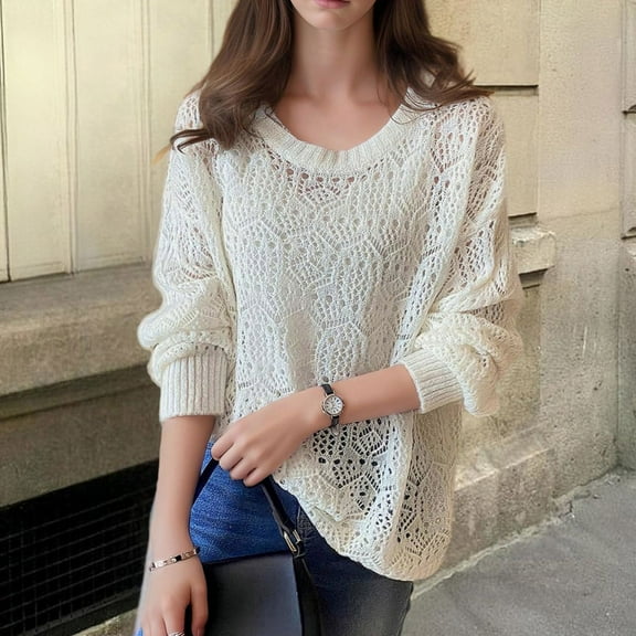 Royisotas Fall and Winter Womens Plus Tops Long Sleeve Solid Color Casual White Women Blouses Elastic Cuff Crew Neck Loose Fit Tshirt