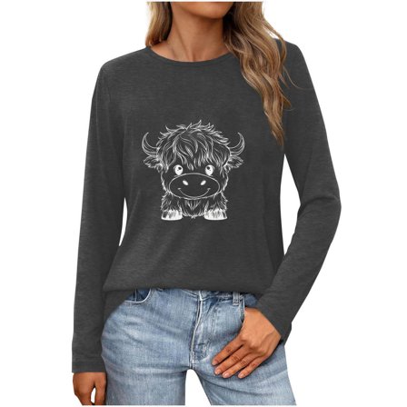 Royisotas Fall and Winter Womens Tops Plus Size Casual Graphic Gray Long Sleeve Shirts Loose Fit Tunic Crew Neck Womens T Shirts