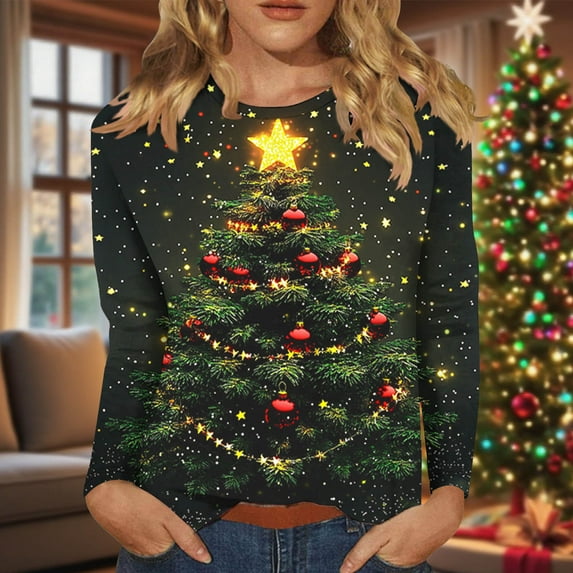 Royisotas Fashion Shirts for Women Christmas Plus Size Pullover Long Sleeve Crewneck Ladies Shirts