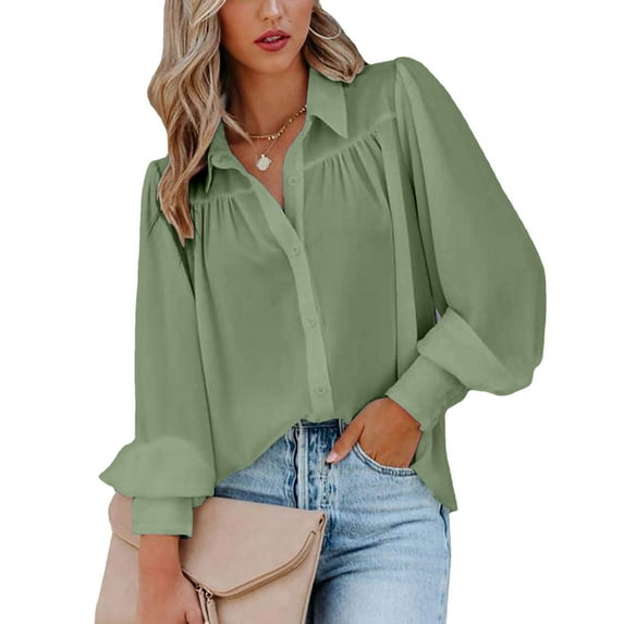 Royisotas Fitted Women Plus Size Tops Long Sleeve Casual Lantern Sleeve Fall Women's Button Down Blouses Green Silk Collared Button up Shirts