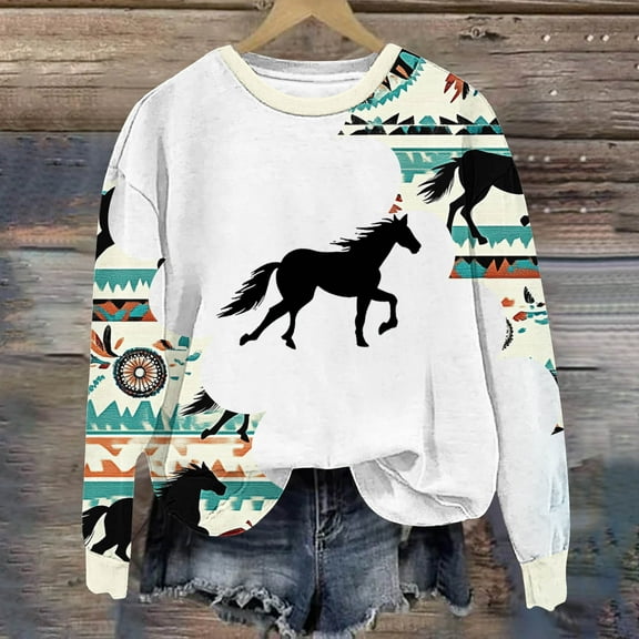 Royisotas Fleece Women's Sweatshirts Long Sleeve Horse Print Fall and Winter Pullover Vintage Casual Crew Neck Hoodless Shirts