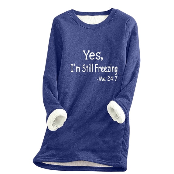 Royisotas Fleece Womens Sweatshirts Plus Size Long Sleeve Fall Plus Size Letter Print Pullover Tunic Blue Casual Crew Neck No Hood Tops
