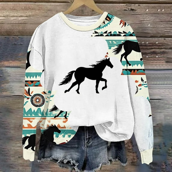 Royisotas Fleece Womens Sweatshirts Plus Size Winter Horse Print Long Sleeve Pullover Casual Crew Neck Vintage No Hood Tops