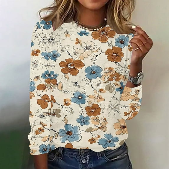 Royisotas Floral Graphic Tops Women Beige Casual Fall and Winter Long Sleeve Shirts Crew Neck Loose Fit Vintage Women T-Shirt