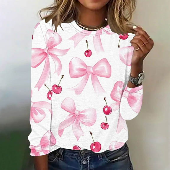 Royisotas Floral Graphic Womens Tops Plus Size Pink Fall and Winter Casual Long Sleeve Women's Shirts Crew Neck Loose Fit Women's T-Shirts