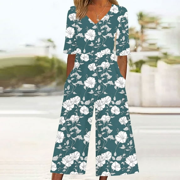 Royisotas Floral Jumpsuits for Women Short Sleeve V-Neck Wide Leg Rompers for Women with Pockets