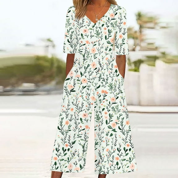 Royisotas Floral Jumpsuits for Women Short Sleeve Wide Leg V-Neck Rompers for Women with Pockets