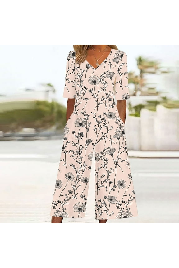 Floral Womens Plus Size Fall and Winter Casual Baggy Jumpsuits for Women Wide-Leg Cuffed Adjustable Straps Pocket Crew Neck Plus Size Rompers