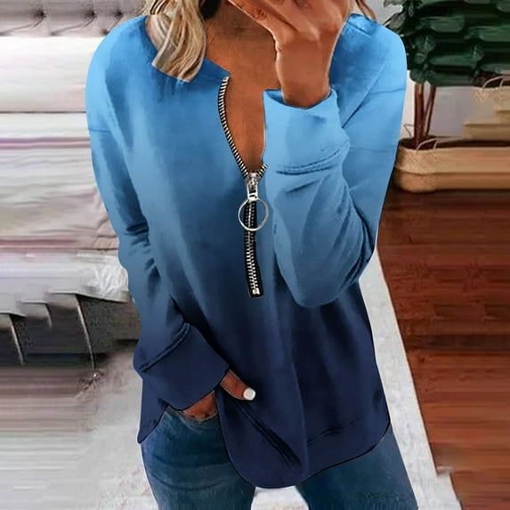 Royisotas Gradient Color Plus Size Sweatshirts for Women Long Sleeve Winter Tunic Pullover Blue Crewneck Half Zip Lounge No Hood Blouse