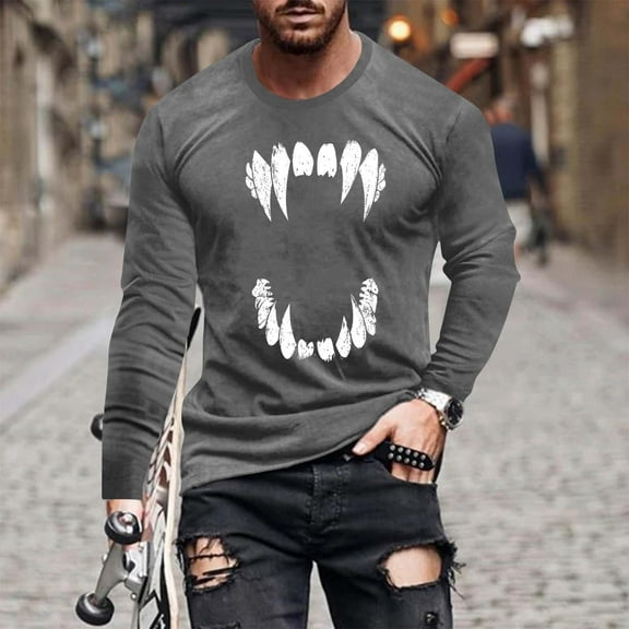 Royisotas Graphic T Shirts for Men Pullover Long Sleeve Tops Loose Fit Crewneck Fashion Casual Big and Tall Mens Shirts