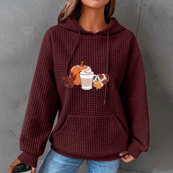 Royisotas Graphic Women Hoodies Fall and Winter Waffle Knit Hooded Sweatshirts Trendy Long Sleeve Casual Drawstring Pullover with Pockets
