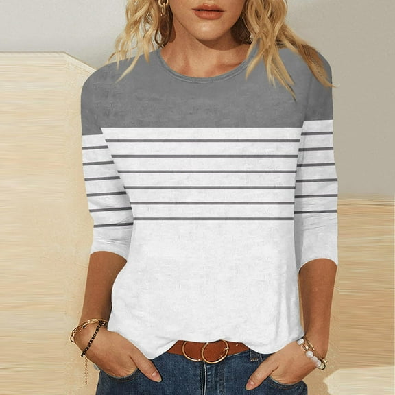 Royisotas Gray Women's Tops Summer 3/4 Sleeve Casual Striped Tshirts Shirts Loose Crew Neck Shirts