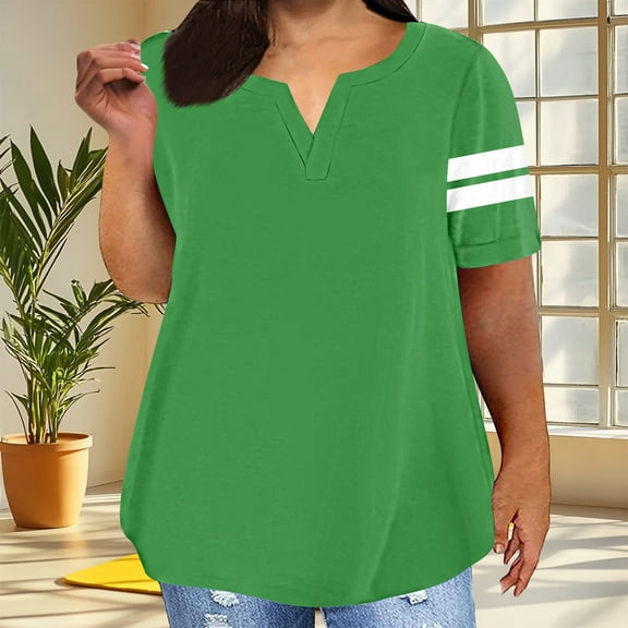 Royisotas Green Women's Plus Size Tops Color Block Short Sleeve Plus Size V-Neck Casual Womens Shirts Plus Size