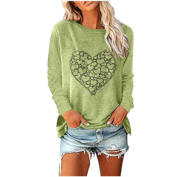 Royisotas Green Womens Tops Heart Print Casual Long Sleeve Winter Shirts Crew Neck Tunic Loose Fit T-Shirts for Women