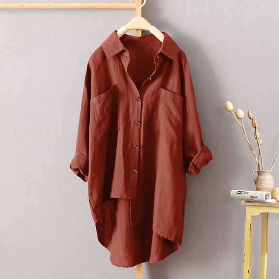 Royisotas High Low Womens Plus Size Tops Winter Long Sleeve Casual Women's Button Down Shirts Wine Collared Solid Color Pocket Button up Shirts