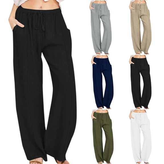 Royisotas High Waist Pants for Women Casual Summer Straight Khakis Elastic Waist with Pockets Pants