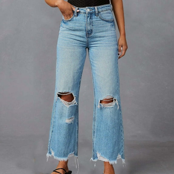 Royisotas High Waist Womens Pants Plus Size Casual Wide Leg Summer Jeans Straight Pants Button with Pocket