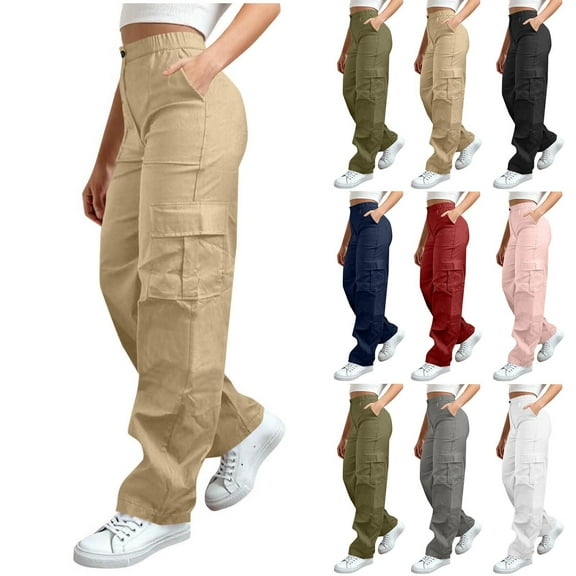 Royisotas High Waist Womens Pants Casual Straight Wide Leg Summer Khakis Elastic Waist with Pockets Pants