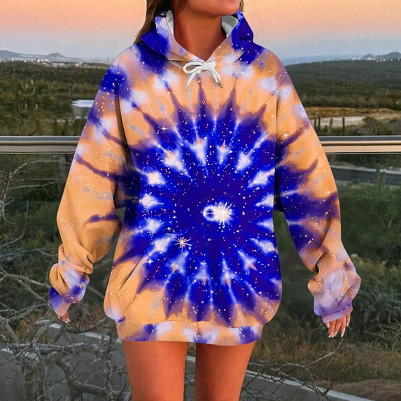 Royisotas Hoodies for Women Oversized Fall Tie Dye Hooded Sweatshirts Drawstring Long Sleeve Casual Pullover with Pockets