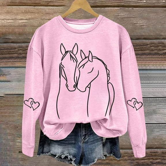 Royisotas Horse Print Women's Sweatshirts Long Sleeve Fall Fleece Pullover Loose Fit Crew Neck Casual No Hood Blouse