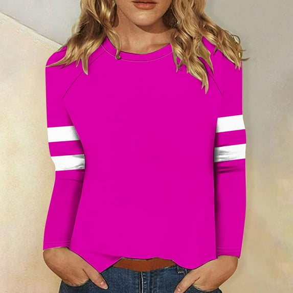 Royisotas Hot Pink Tops Women Casual Long Sleeve Fall and Winter Striped Women Shirts Crew Neck Loose Fit Womens Tshirt
