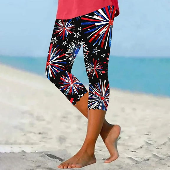 Royisotas Independence Day Womens Plus Size Pants Leggings Casual High Waist Summer Capris Pants Slim-Leg Elastic Bottom Capris for Women